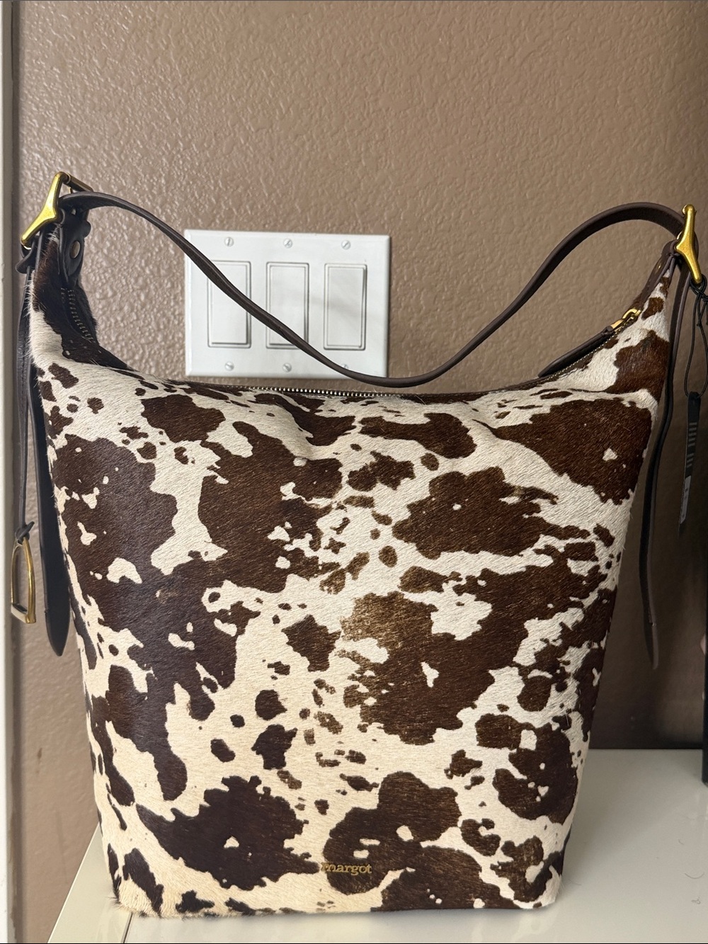 Margot leather Brown & White Cowhide-Print large bucket NWT